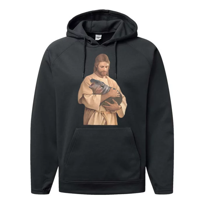 Jesus Loves Moo Deng Bouncy Pig Cute Baby Hippo Meme Performance Fleece Hoodie