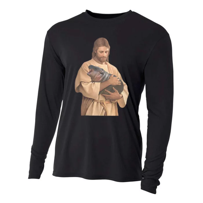 Jesus Loves Moo Deng Bouncy Pig Cute Baby Hippo Meme Cooling Performance Long Sleeve Crew