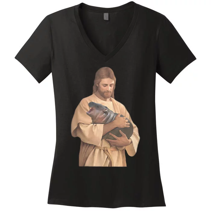 Jesus Loves Moo Deng Bouncy Pig Cute Baby Hippo Meme Women's V-Neck T-Shirt