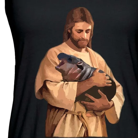 Jesus Loves Moo Deng Bouncy Pig Cute Baby Hippo Meme Ladies Essential Flowy Tank