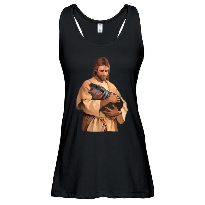 Jesus Loves Moo Deng Bouncy Pig Cute Baby Hippo Meme Ladies Essential Flowy Tank