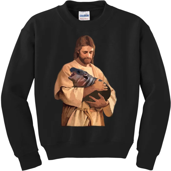 Jesus Loves Moo Deng Bouncy Pig Cute Baby Hippo Meme Kids Sweatshirt