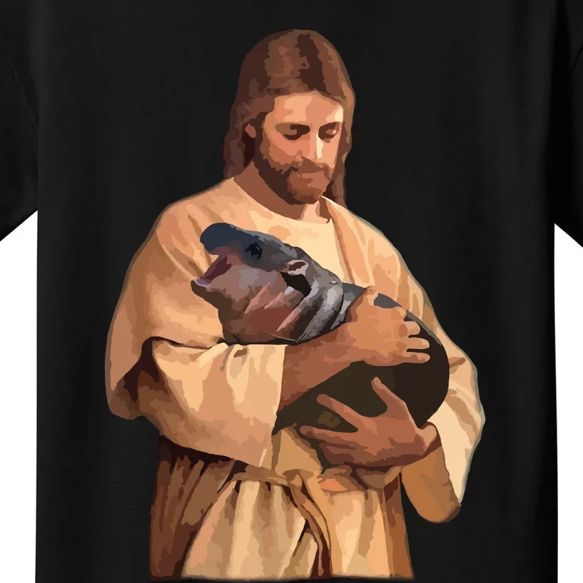 Jesus Loves Moo Deng Bouncy Pig Cute Baby Hippo Meme Kids T-Shirt