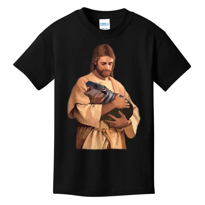 Jesus Loves Moo Deng Bouncy Pig Cute Baby Hippo Meme Kids T-Shirt