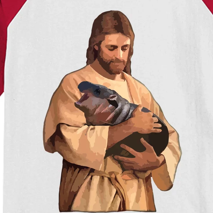 Jesus Loves Moo Deng Bouncy Pig Cute Baby Hippo Meme Kids Colorblock Raglan Jersey