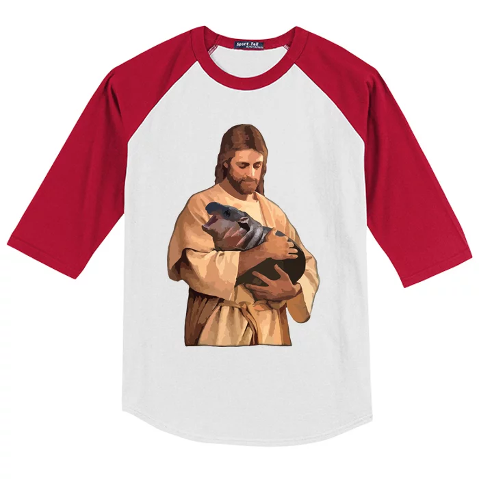 Jesus Loves Moo Deng Bouncy Pig Cute Baby Hippo Meme Kids Colorblock Raglan Jersey