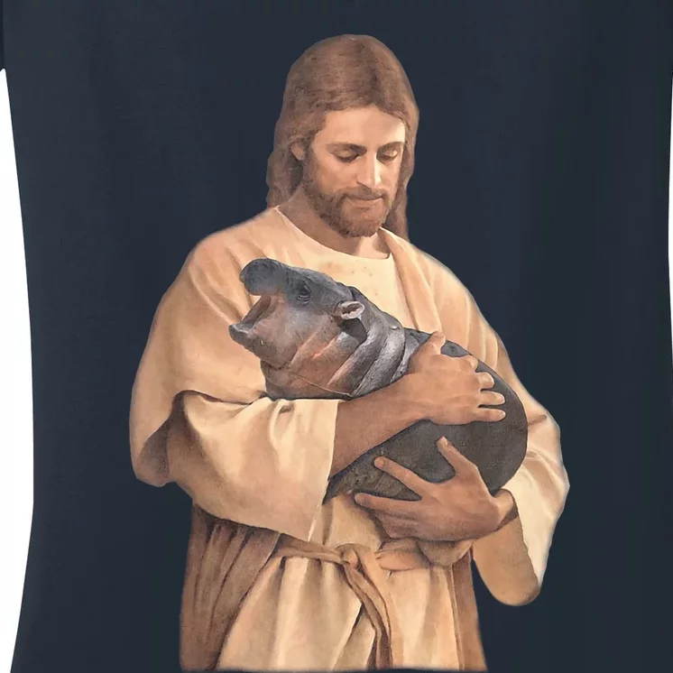 Jesus Loves Moo Deng Bouncy Pig Cute Baby Hippo Meme Women's V-Neck T-Shirt