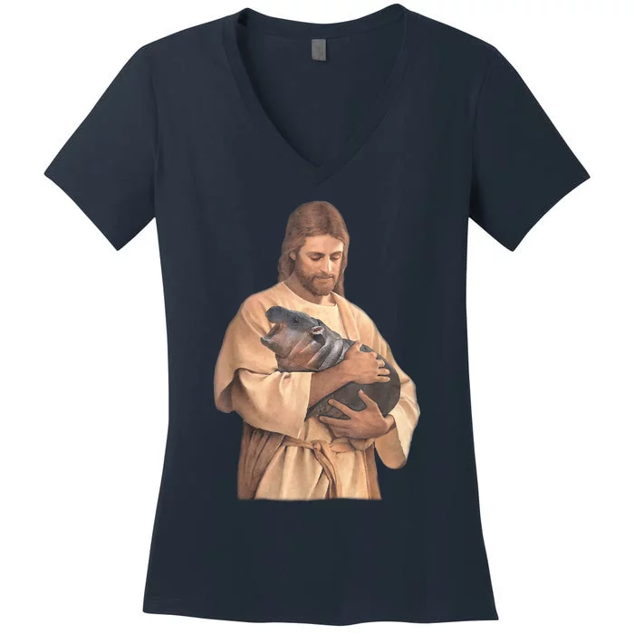 Jesus Loves Moo Deng Bouncy Pig Cute Baby Hippo Meme Women's V-Neck T-Shirt