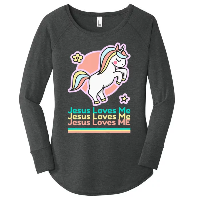 Jesus Loves Me Christian Bible Gift Rainbow Unicorn Women's Perfect Tri Tunic Long Sleeve Shirt