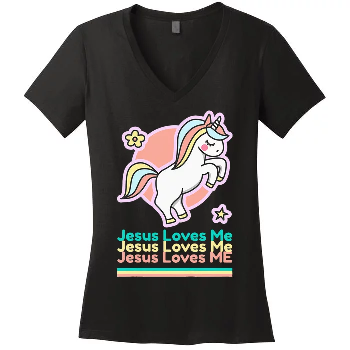 Jesus Loves Me Christian Bible Gift Rainbow Unicorn Women's V-Neck T-Shirt