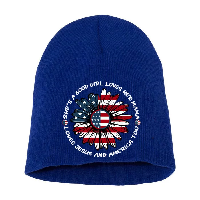 Just Loves Mama Jesus America Patriotic Sunflower Gift Short Acrylic Beanie