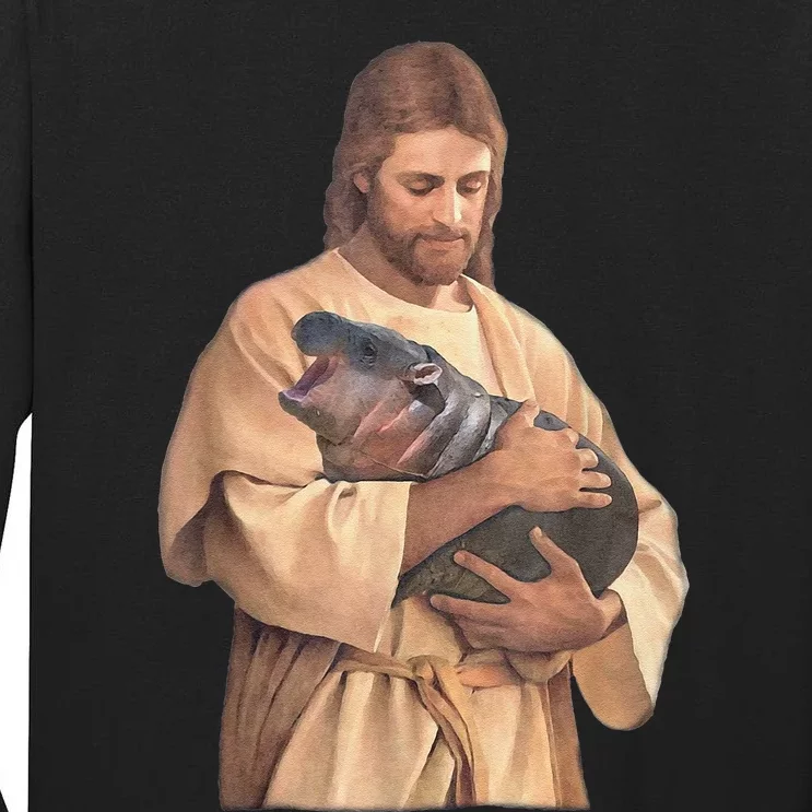 Jesus Loves Moo Deng Bouncy Pig Cute Baby Hippo Meme Tall Long Sleeve T-Shirt