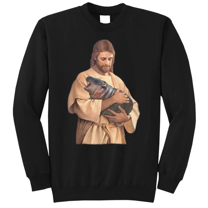 Jesus Loves Moo Deng Bouncy Pig Cute Baby Hippo Meme Tall Sweatshirt