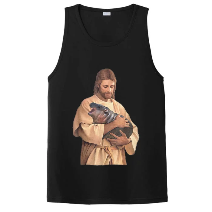 Jesus Loves Moo Deng Bouncy Pig Cute Baby Hippo Meme Performance Tank