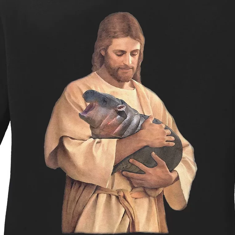 Jesus Loves Moo Deng Bouncy Pig Cute Baby Hippo Meme Ladies Long Sleeve Shirt