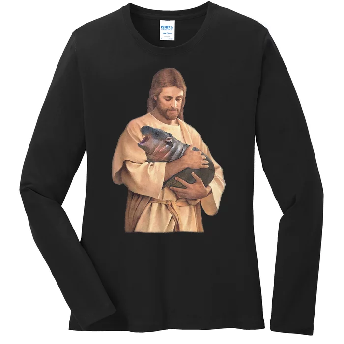 Jesus Loves Moo Deng Bouncy Pig Cute Baby Hippo Meme Ladies Long Sleeve Shirt