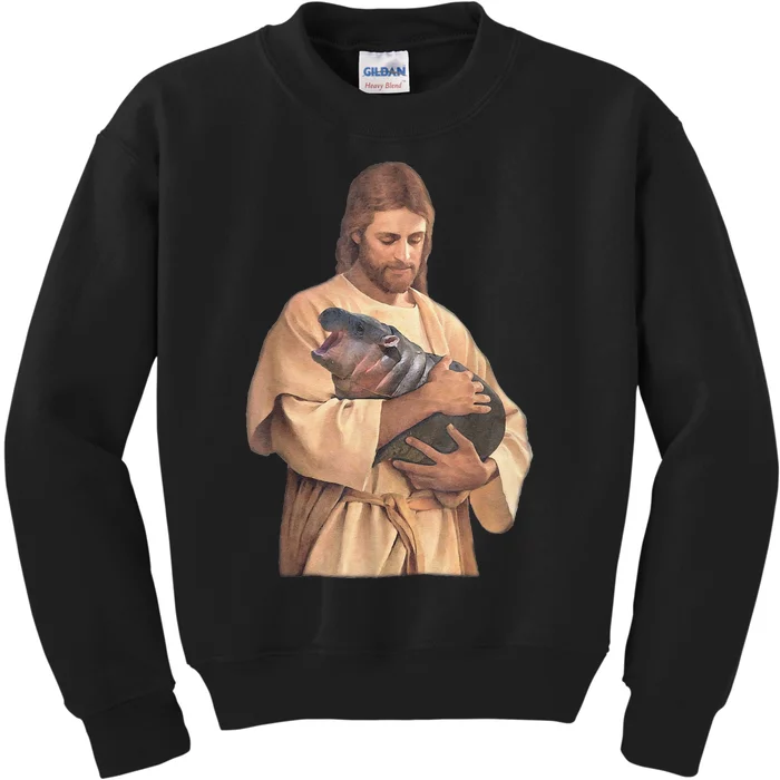 Jesus Loves Moo Deng Bouncy Pig Cute Baby Hippo Meme Kids Sweatshirt