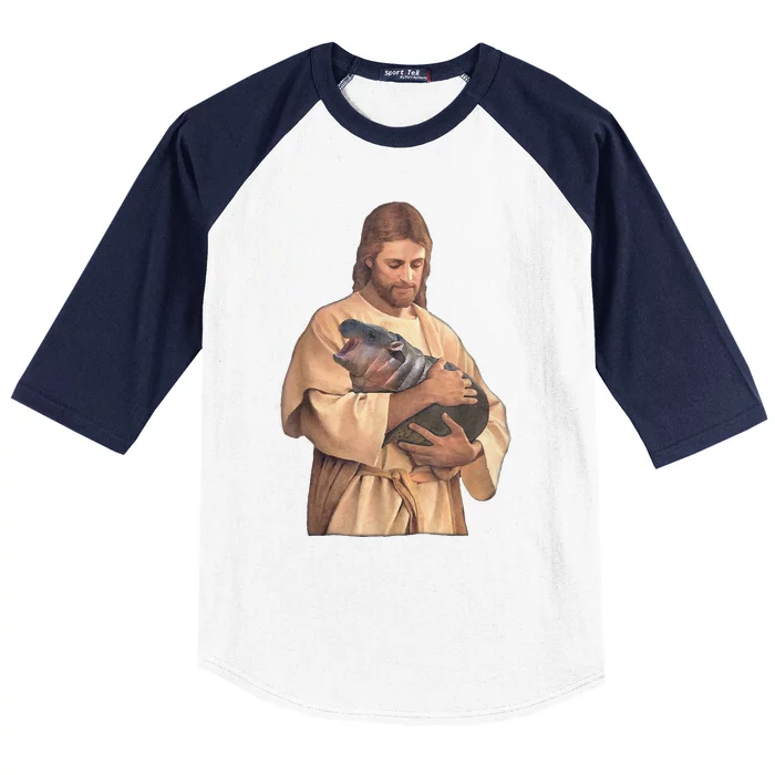 Jesus Loves Moo Deng Bouncy Pig Cute Baby Hippo Meme Baseball Sleeve Shirt