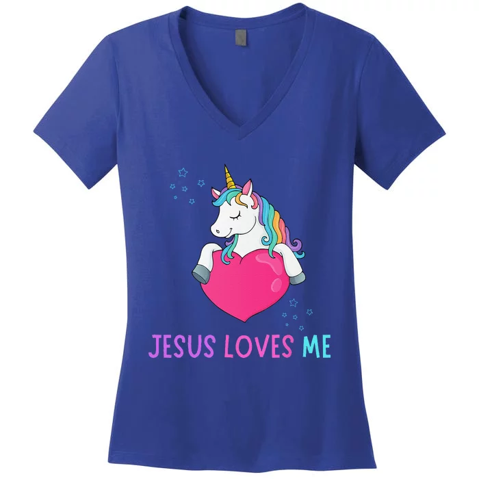 Jesus Loves Me Christian Bible Girls Rainbow Unicorn Women's V-Neck T-Shirt