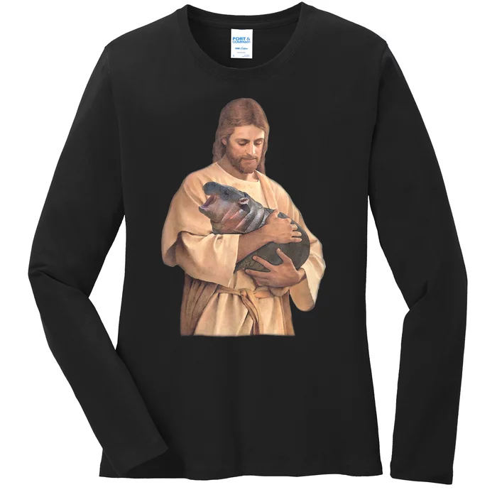 Jesus Loves Moo Deng Bouncy Pig Cute Baby Hippo Meme Ladies Long Sleeve Shirt