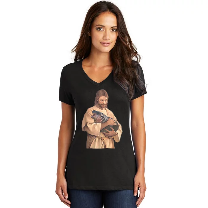 Jesus Loves Moo Deng Bouncy Pig Cute Baby Hippo Meme Women's V-Neck T-Shirt