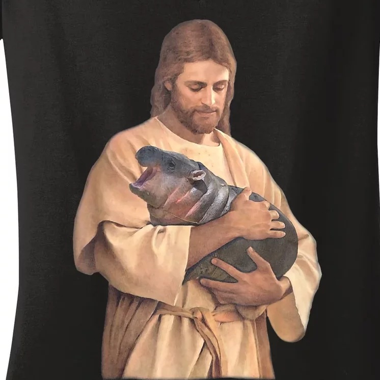 Jesus Loves Moo Deng Bouncy Pig Cute Baby Hippo Meme Women's V-Neck T-Shirt