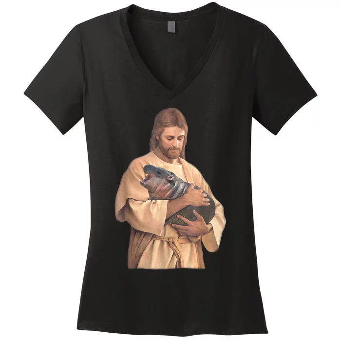 Jesus Loves Moo Deng Bouncy Pig Cute Baby Hippo Meme Women's V-Neck T-Shirt