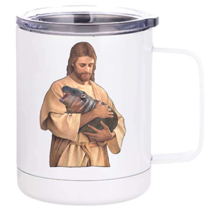 Jesus Loves Moo Deng Bouncy Pig Cute Baby Hippo Meme Front & Back 12oz Stainless Steel Tumbler Cup