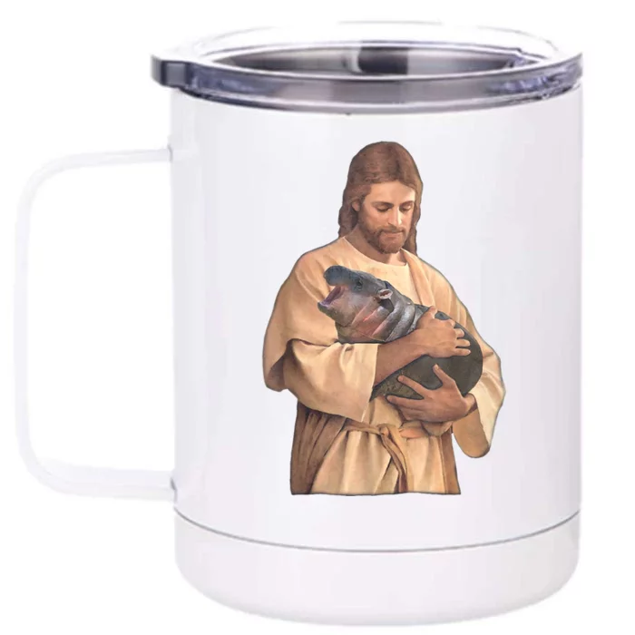 Jesus Loves Moo Deng Bouncy Pig Cute Baby Hippo Meme Front & Back 12oz Stainless Steel Tumbler Cup