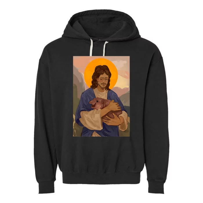 Jesus Loves Moo Deng Bouncy Pig Cute Baby Hippo Meme Garment-Dyed Fleece Hoodie