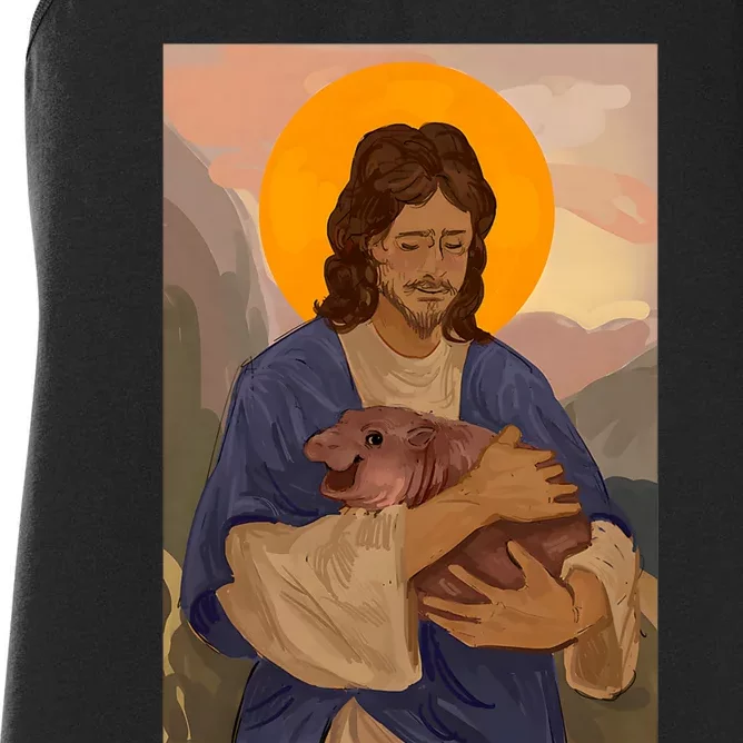 Jesus Loves Moo Deng Bouncy Pig Cute Baby Hippo Meme Women's Racerback Tank