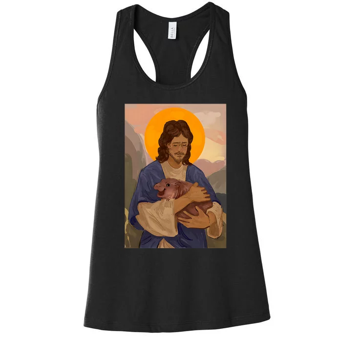 Jesus Loves Moo Deng Bouncy Pig Cute Baby Hippo Meme Women's Racerback Tank