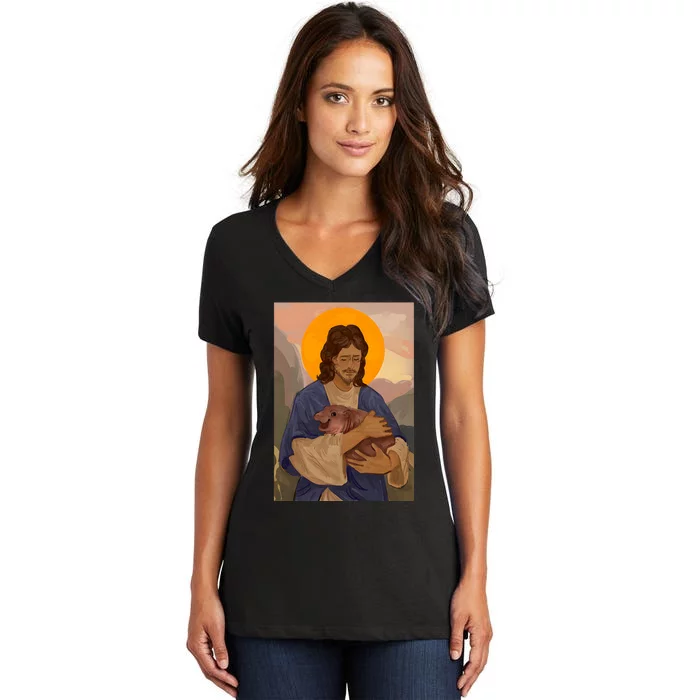 Jesus Loves Moo Deng Bouncy Pig Cute Baby Hippo Meme Women's V-Neck T-Shirt