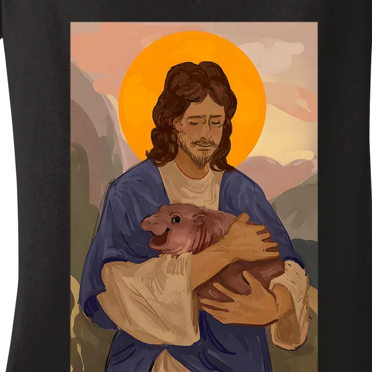 Jesus Loves Moo Deng Bouncy Pig Cute Baby Hippo Meme Women's V-Neck T-Shirt