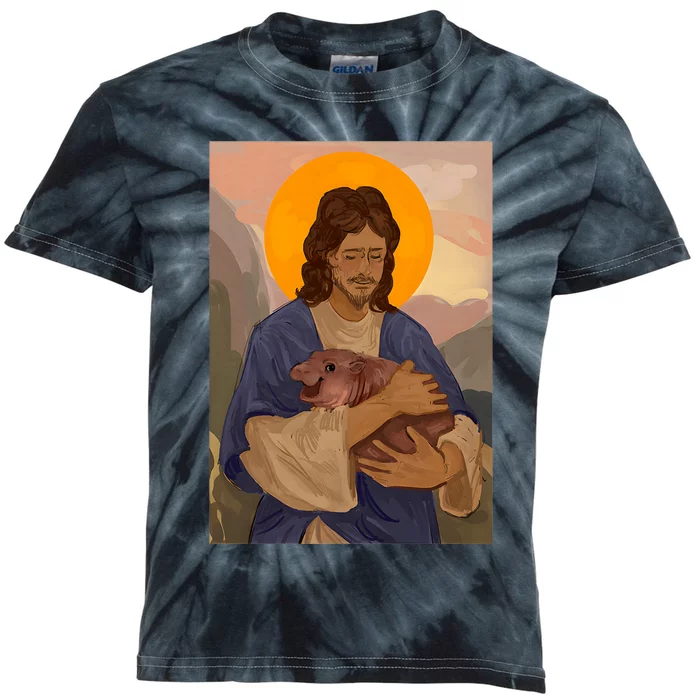 Jesus Loves Moo Deng Bouncy Pig Cute Baby Hippo Meme Kids Tie-Dye T-Shirt