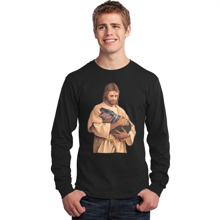 Jesus Loves Moo Deng Bouncy Pig Cute Baby Hippo Long Sleeve Shirt