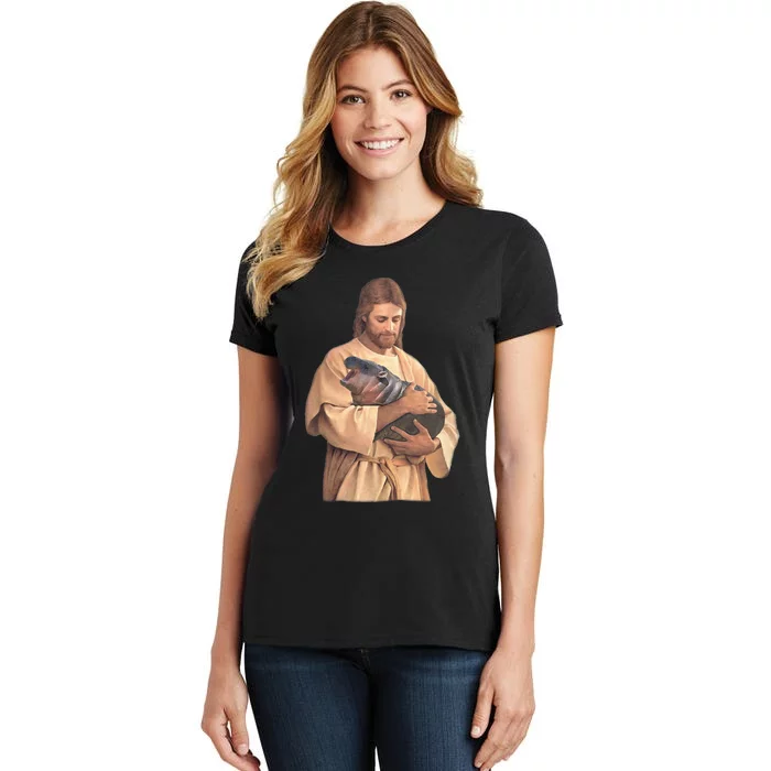 Jesus Loves Moo Deng Bouncy Pig Cute Baby Hippo Women's T-Shirt