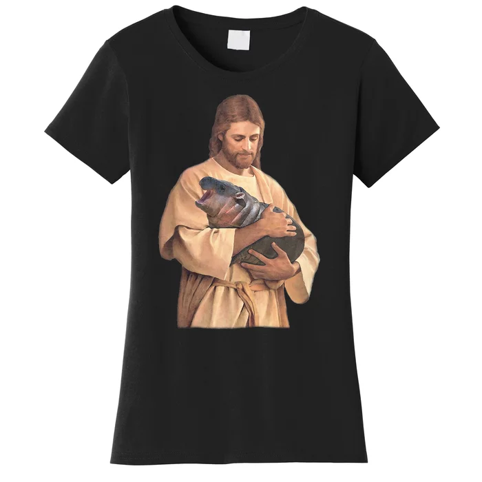 Jesus Loves Moo Deng Bouncy Pig Cute Baby Hippo Women's T-Shirt