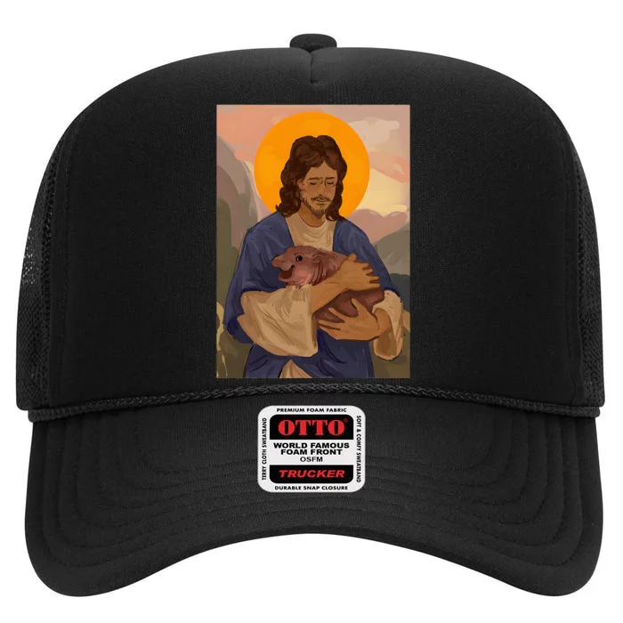 Jesus Loves Moo Deng Bouncy Pig Cute Baby Hippo Meme High Crown Mesh Trucker Hat