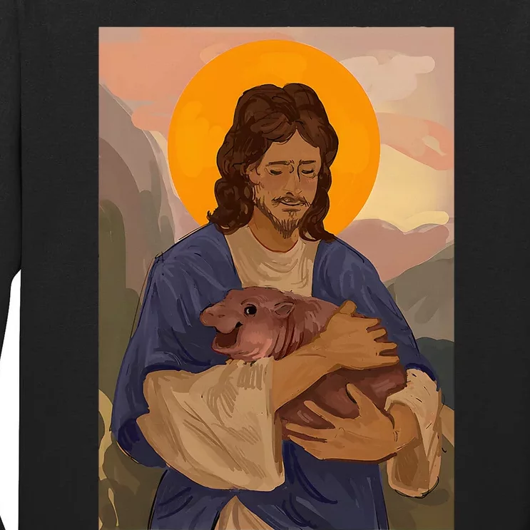 Jesus Loves Moo Deng Bouncy Pig Cute Baby Hippo Meme Tall Long Sleeve T-Shirt