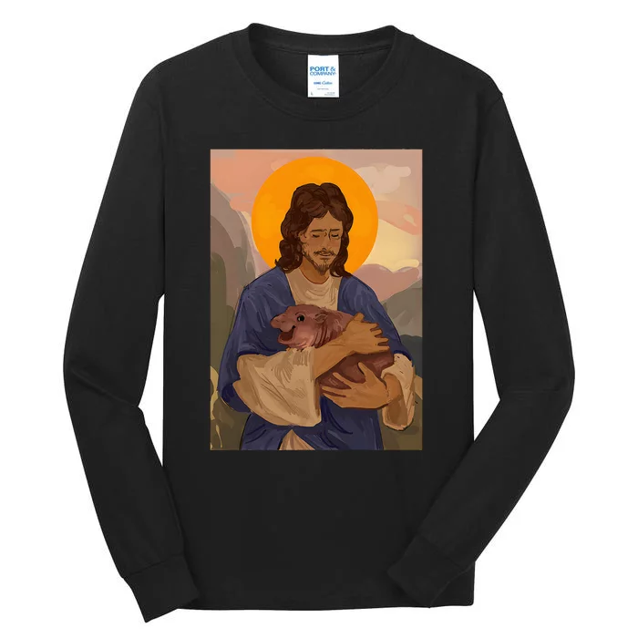 Jesus Loves Moo Deng Bouncy Pig Cute Baby Hippo Meme Tall Long Sleeve T-Shirt