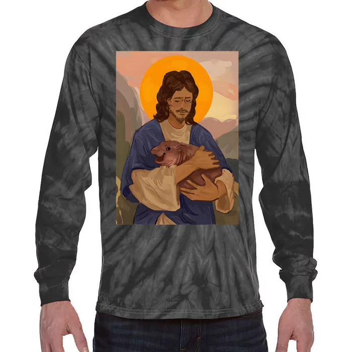 Jesus Loves Moo Deng Bouncy Pig Cute Baby Hippo Meme Tie-Dye Long Sleeve Shirt