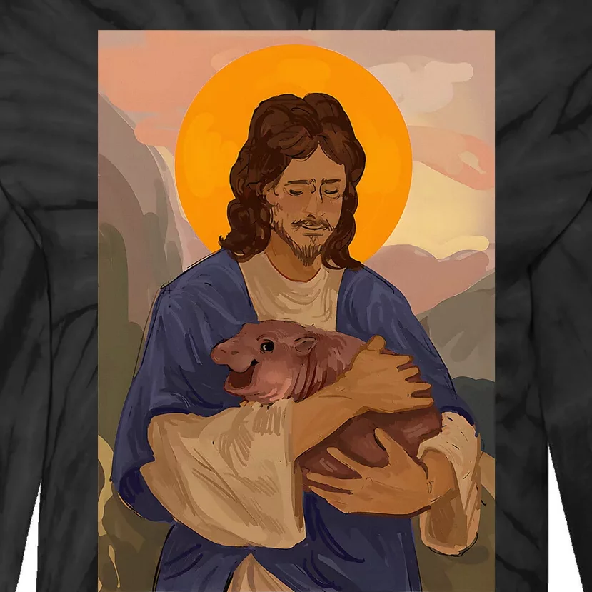 Jesus Loves Moo Deng Bouncy Pig Cute Baby Hippo Meme Tie-Dye Long Sleeve Shirt