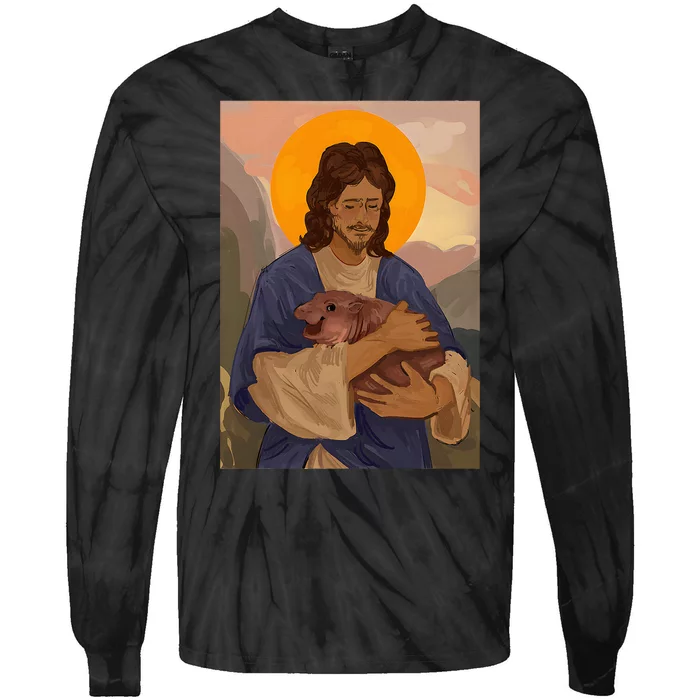 Jesus Loves Moo Deng Bouncy Pig Cute Baby Hippo Meme Tie-Dye Long Sleeve Shirt