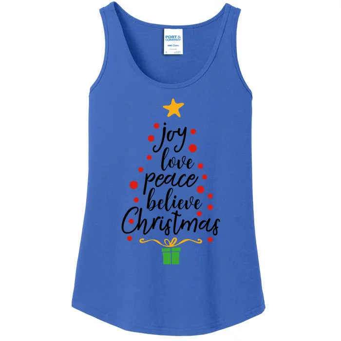 Joy Love Peace Believe Christmas Tree Star Gift Simple Funny Gift Ladies Essential Tank