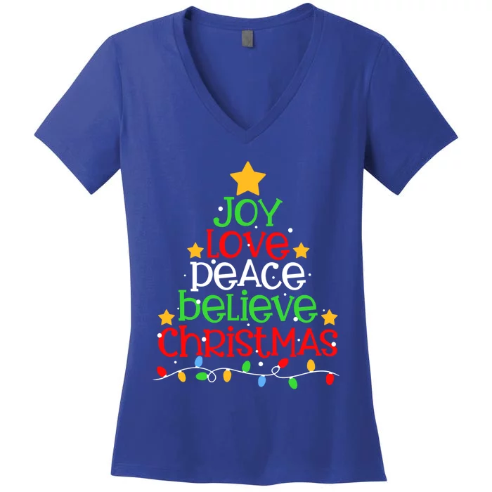 Joy Love Peace Believe Christmas Pajama Xmas Tree Holiday Great Gift Women's V-Neck T-Shirt