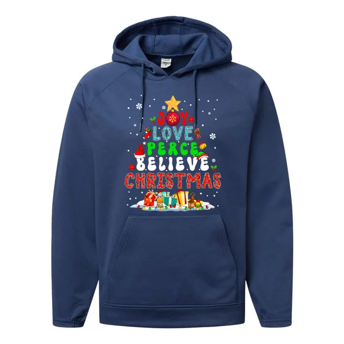 Joy Love Peace Believe Christmas Santa Elf Xmas Tree Family Cute Gift Performance Fleece Hoodie