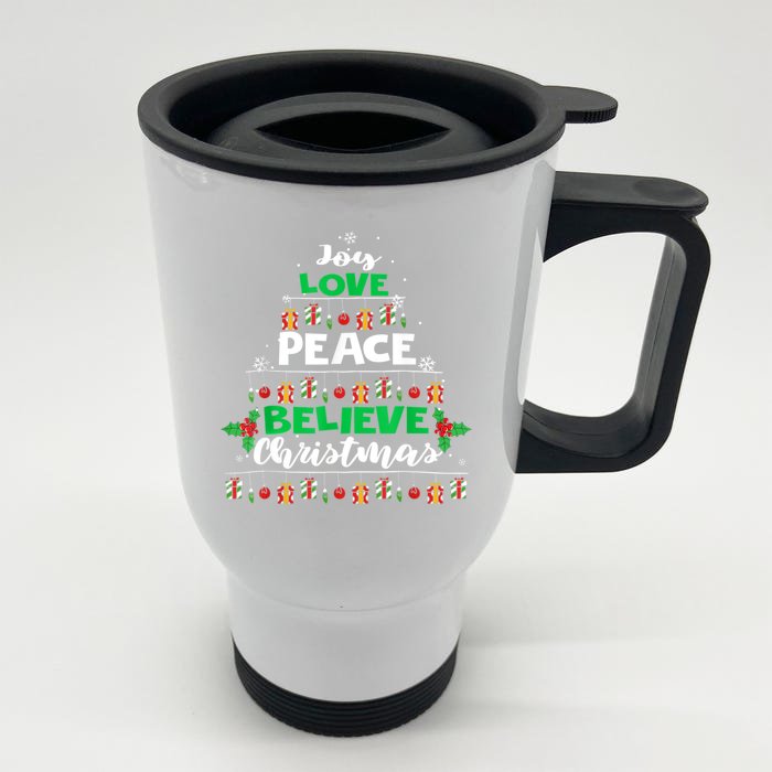 Joy Love Peace Believe Christmas Tree Pajama Xmas Holiday Cool Gift Front & Back Stainless Steel Travel Mug