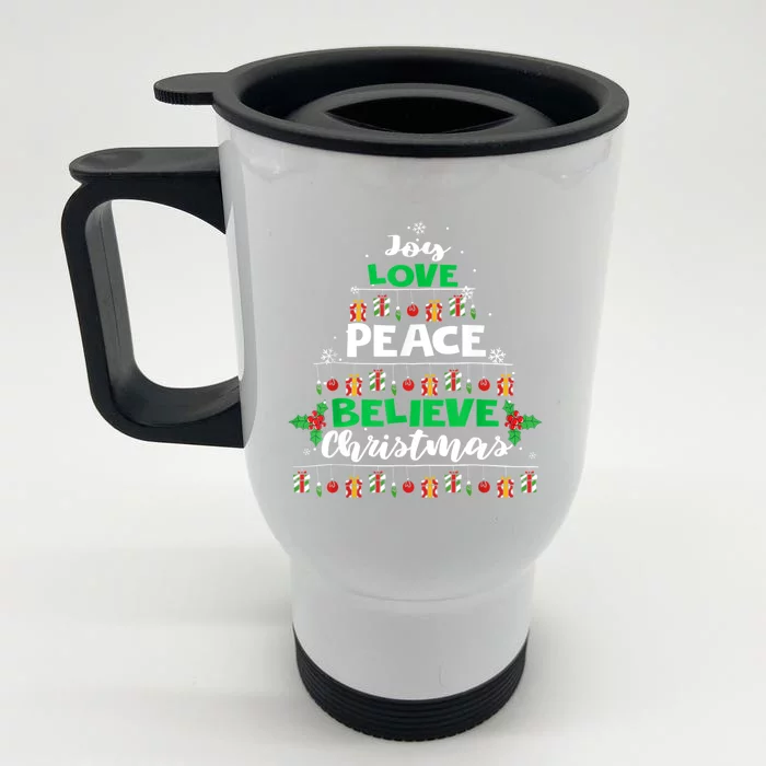 Joy Love Peace Believe Christmas Tree Pajama Xmas Holiday Cool Gift Front & Back Stainless Steel Travel Mug