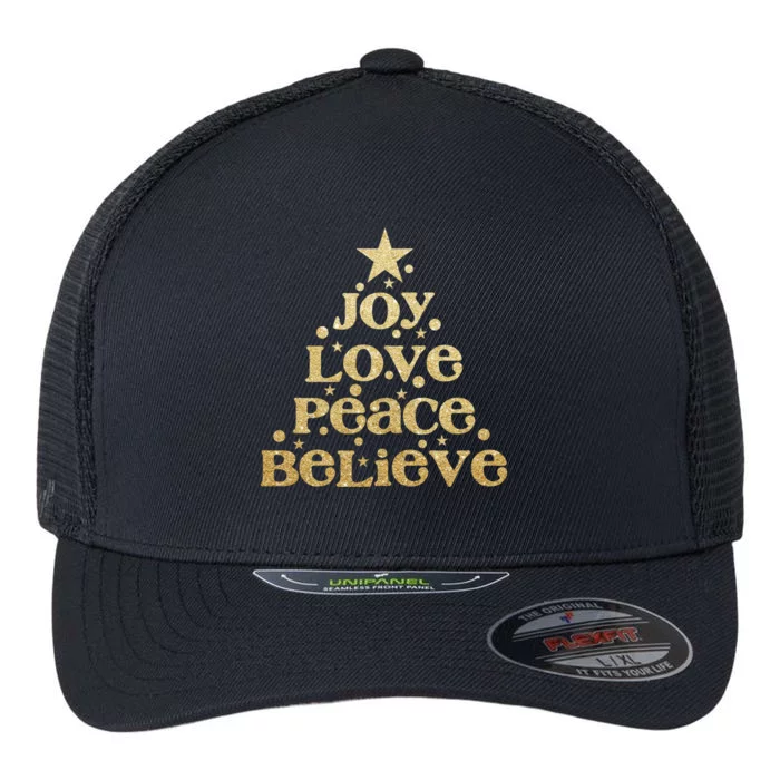 Joy Love Peace Believe Christmas Tree Flexfit Unipanel Trucker Cap